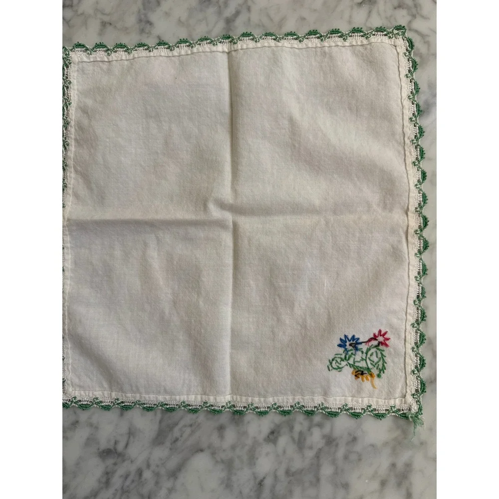 Vintage Hand Embroidered Cactus Linen Napkins Set of 3 Green Lace Trim 11.5